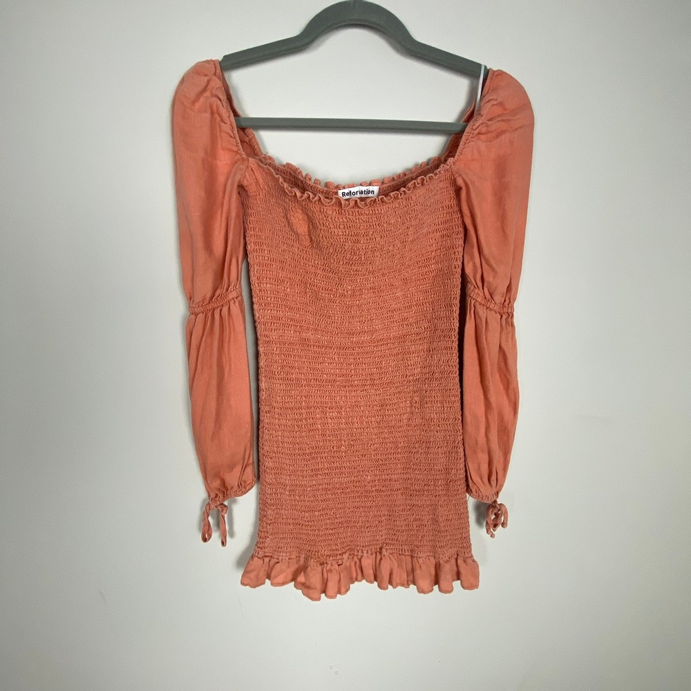 Reformation Hilary Smocked Linen Mini Dress Small Feminine Romantic